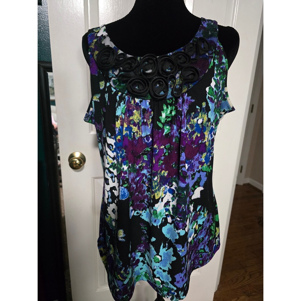 Susan Lawrence Womens Floral Sleeveless Blouse Zipper Rosette Neck Purple Blue L